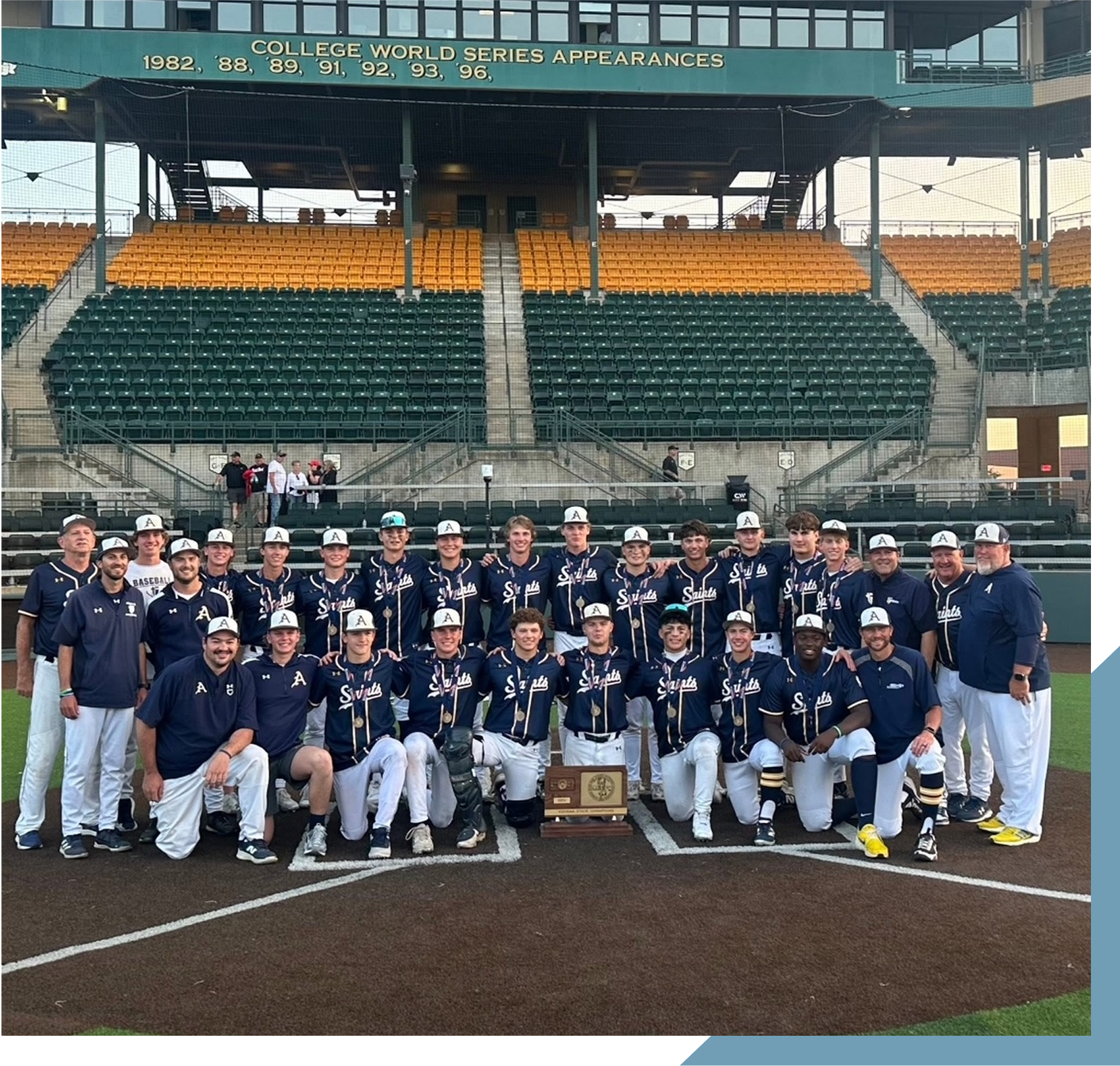 Baseball team posing with championship trophy.